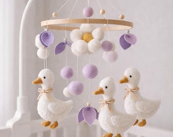 Felt Duck Baby Mobile, Neutral Boho Nursery Decor, Crib Hanging Toy, Baby Shower Gift