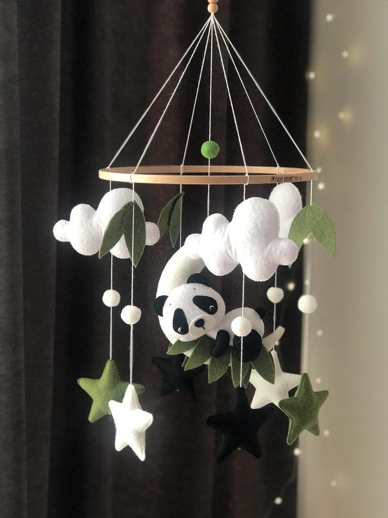 Baby mobile with sleeping Panda,Panda mobile for nursery decor,Panda sleeping on the moon mobile,Neutral nursery,Starry night baby mobile image 6