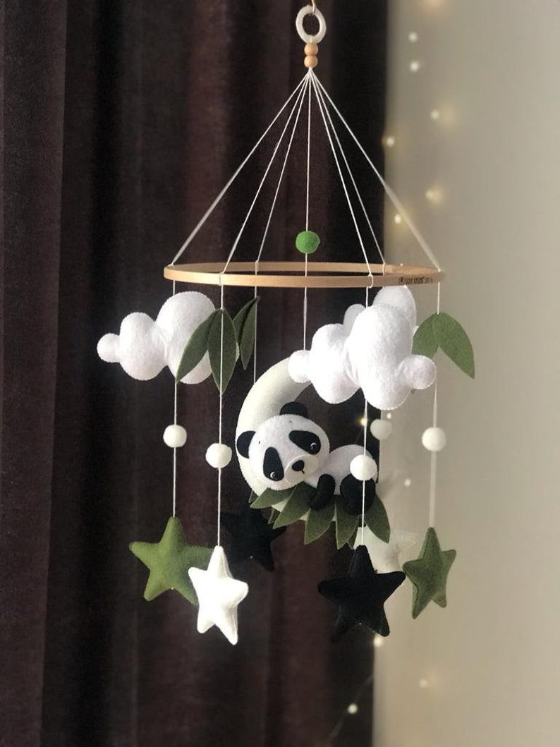 Baby mobile with sleeping Panda,Panda mobile for nursery decor,Panda sleeping on the moon mobile,Neutral nursery,Starry night baby mobile image 7