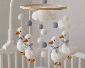 Goose Mobile Felt Duck Baby Mobile, Neutral Boho Nursery Decor, Crib Hanging Toy
