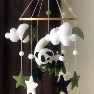 Baby mobile with sleeping Panda,Panda mobile for nursery decor,Panda sleeping on the moon mobile,Neutral nursery,Starry night baby mobile image 4