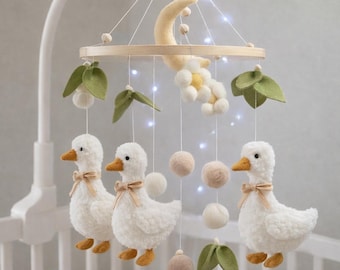 Coquette Goose Felt Duck Baby Mobile, Neutral Boho Nursery Decor, Crib Hanging Toy
