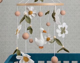 Felt Duck Baby Mobile, Goose and Daisies Neutral Boho Nursery Decor, Crib Toy, Baby Shower Gift