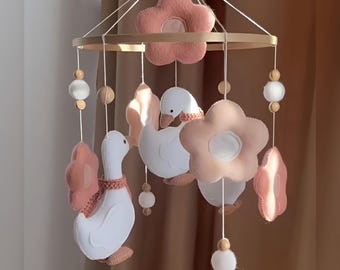 Coquette Goose Felt Baby Mobile, Neutral Boho Nursery Decor, Wooden Ring Crib Decor