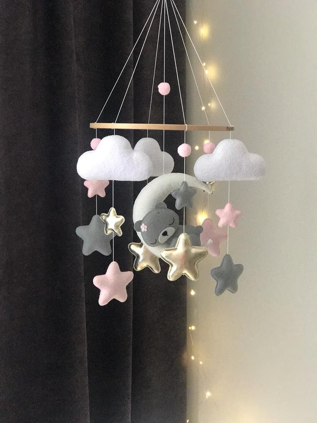 Bear Baby Mobile: Pink Nursery Decor Handmade Felt Crib Mobile Teddy ...