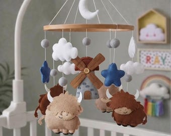 Highland Cow Baby Mobile, Boho Felt Nursery Decor, Scottish Cow Farm Crib Toy
