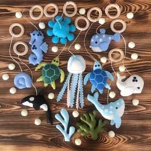 Baby play gym hanging toys ocean,Felt baby mobile Crib toys,nautical mobile toys,Dolphin,Turtle,Orca,Sea horse,Narwal,octopus seastar oyster