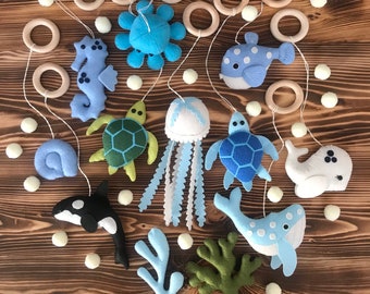 Baby play gym hanging toys ocean,Felt baby mobile Crib toys,nautical mobile toys,Dolphin,Turtle,Orca,Sea horse,Narwal,octopus seastar oyster