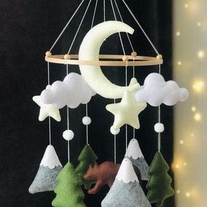 Bear Mobile,TeddyBear,Bear mobile for nursery,bear sleeping on the moon mobile,woodland mobile,moon mobile,leaf mobile,mountain baby mobile image 5