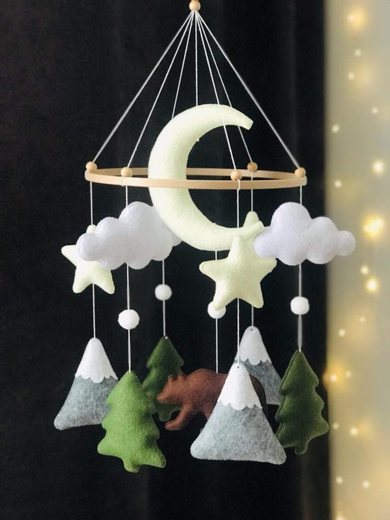 Bear Mobile,TeddyBear,Bear mobile for nursery,bear sleeping on the moon mobile,woodland mobile,moon mobile,leaf mobile,mountain baby mobile image 5