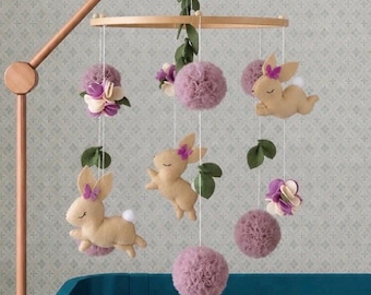 Handmade Felt Bunny Baby Mobile: Pompoms Rabbits Nursery Decor Crib Toy