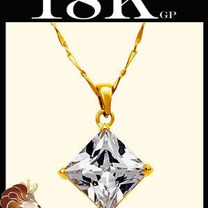 Solitaire Princess cut Pendant 18&#39;&#39; Chain 18K Gold on Silver, CZ Diamond Great for Everyday! Perfect Gift