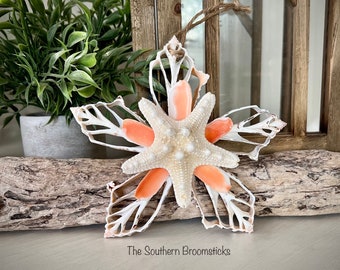 Coastal Seashell Snowflake Starfish Ornament With Coral Accents