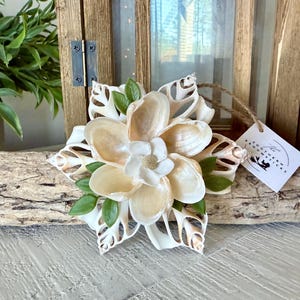 May include: A decorative flower made of seashells, with a white center and cream-colored petals. Green leaves are interspersed among the petals. The flower is attached to a piece of driftwood. A tag with text hangs from the driftwood.