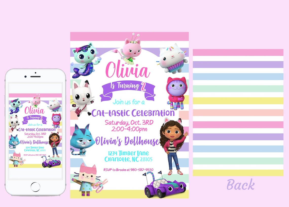 Invitation Anniversaire Gabby Chat à Imprimer Gratuit Gabby's Dollhouse Birthday Invitation, Instant Download, Gabby Cats