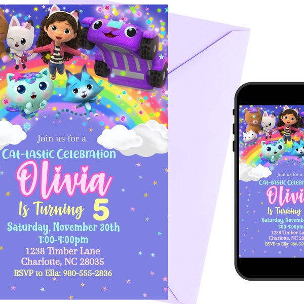 Gabby's Dollhouse Rainbow Birthday Invitation, Rainbow Invitation, Gabbys Dollhouse Invitation, Rainbow Birthday, Gabby Cats invitation