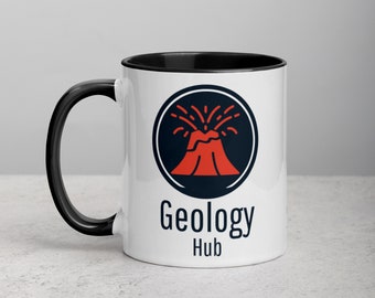 Taza con logotipo doble de GeologyHub y color en el interior, taza de café de cerámica con forma de volcán de 11 onzas, taza de café de GeologyHub, productos de GeologyHub, regalo de GeologyHub