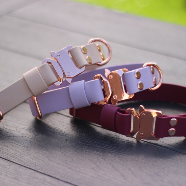 Biothane Rose gold safe-lock dog collar, adjustable, 25mm wide, Color choice, quick release buckle, metal safe lock buckle