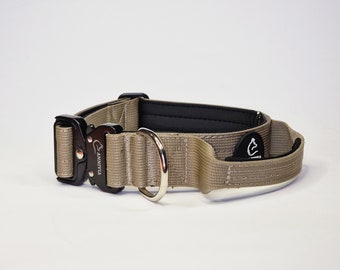 Sand color Tactical dog collars with handle, large black safe-lock buckle, safe and strong, comfortable, stylish