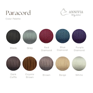Puede incluir: Una paleta de colores de paracord de Annivia Dog Wear que presenta diez muestras circulares de cuerda en negro, gris, diamante rojo, diamante azul, diamante morado, caf&eacute; oscuro, marr&oacute;n coyote, marr&oacute;n, beige y blanco con etiquetas.