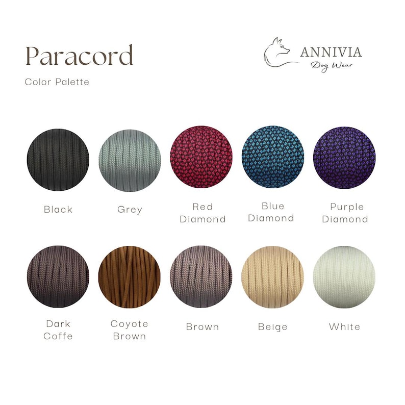 Puede incluir: Una paleta de colores de paracord de Annivia Dog Wear que presenta diez muestras circulares de cuerda en negro, gris, diamante rojo, diamante azul, diamante morado, caf&eacute; oscuro, marr&oacute;n coyote, marr&oacute;n, beige y blanco con etiquetas.