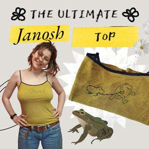 Janosch top bordado rana tigre pato - tirantes finos únicos amarillo - upcycling de segunda mano