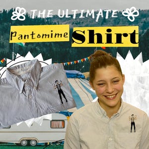 May include: A blue and white striped shirt with a small embroidered image of a mime on the pocket. The text "THE ULTIMATE Pantomime Shirt" is written in black and yellow letters on a white background.