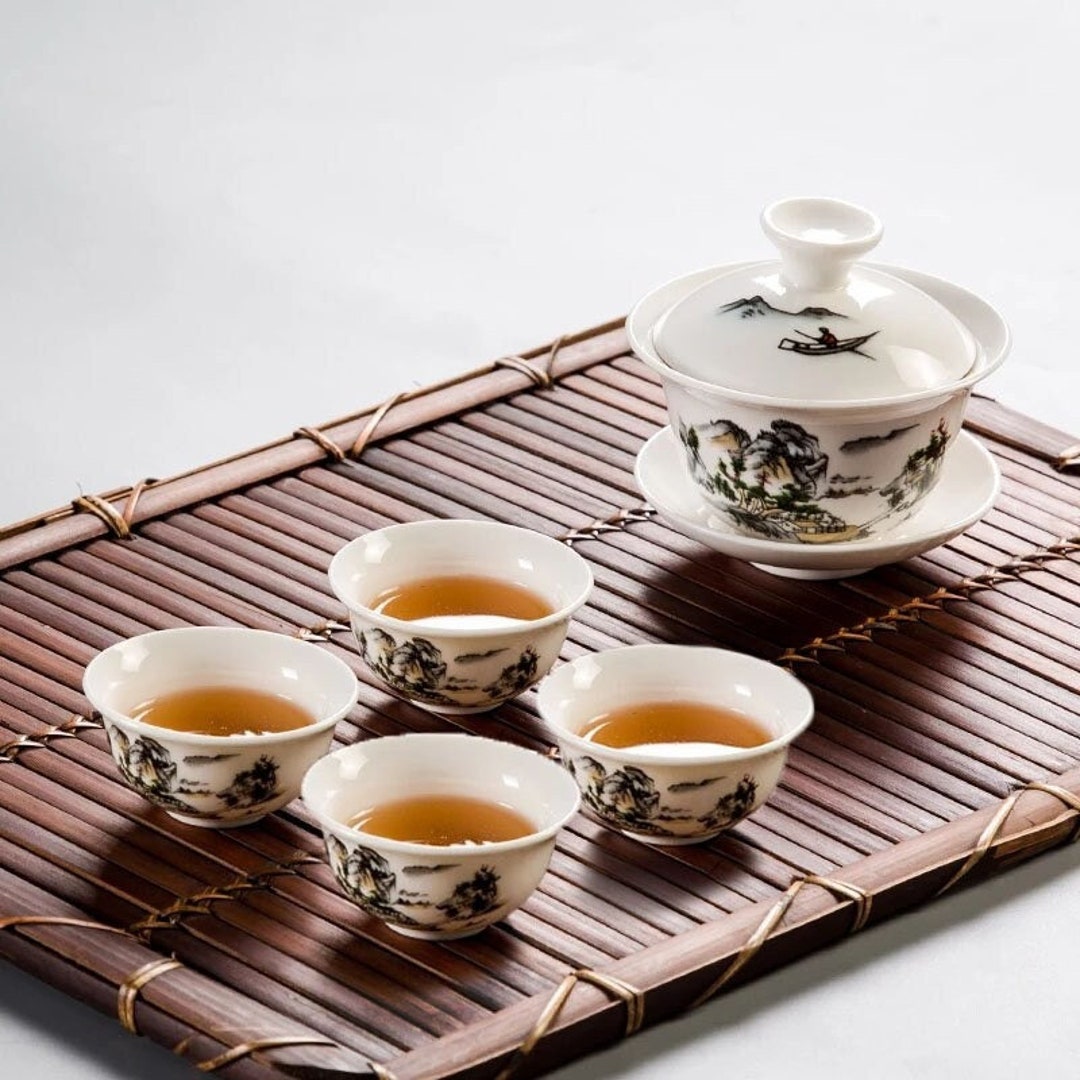 Gaiwan Gong Fu Cha Tea Set in Dehua Porcelain 4 Cups 1 Tea Tray Etsy