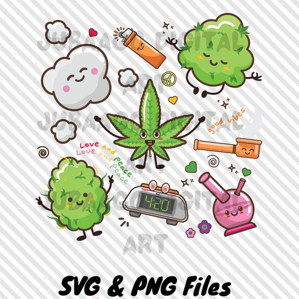 11 Kawaii Stoner SVG, Marijuana Vector, Sublimation Designs, 420 Clipart PNG, Pot Leaf, Weed Rolling Tray Art, Chibi Hippy