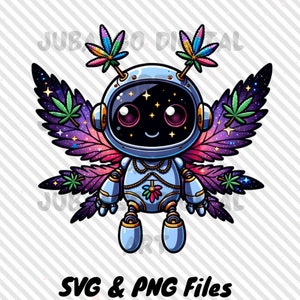 May include: A blue robot with a friendly face and large eyes, wearing a necklace with a flower charm. The robot has wings made of purple, pink, and green leaves with a galaxy pattern.