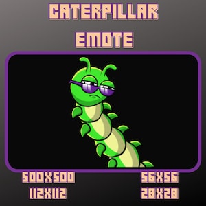 Puede incluir: Una oruga verde con gafas de sol y una expresión de suficiencia. La oruga está sobre un fondo negro con un borde morado. El texto "CATERPILLAR EMOTE" está por encima de la imagen.