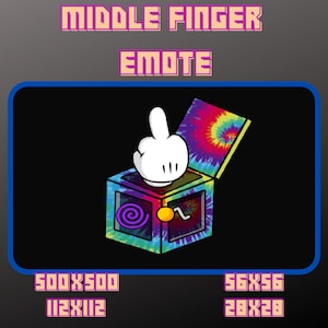 May include: A digital illustration of a hand giving the middle finger, popping out of a colorful tie-dye box. The box has a purple spiral and a yellow squiggle on the front. The text "MIDDLE FINGER EMOTE" is above the image.