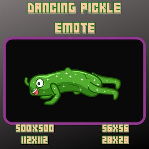May include: A green pickle with a smiling face and white stars is doing a push-up. The pickle is on a black background with the text "Dancing Pickle Emote" above it.