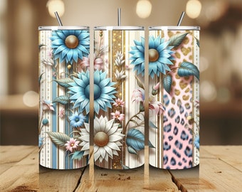 Leopard Wildflowers Tumbler Designs, Elegant 20oz Skinny Tumbler Wrap, Seamless Luxury Tumbler Template - Custom PNG Digital Download