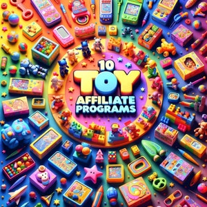 Puede incluir: Imagen colorida de juguetes infantiles, incluyendo coches, bloques de construcción, muñecas y juegos electrónicos portátiles. El texto "10 TOY AFFILIATE PROGRAMS" se muestra en el centro, rodeado de estrellas, sobre un fondo de arcoíris.
