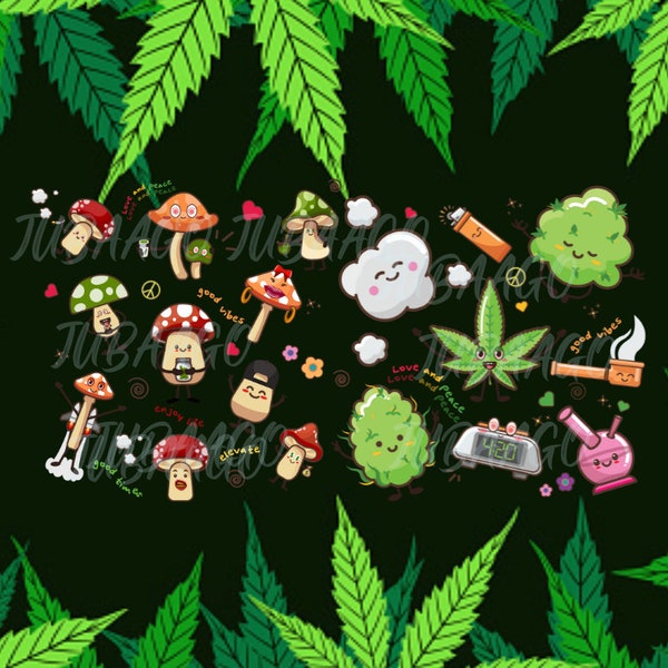 22 Kawaii Stoner PNG Bundle, Chibi Mushroom, 420 Marijuana Bud Sublimation Designs, Cute Pot Leaf, Kawaii Weed Tay Art, Psychedelic Clipart