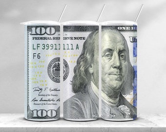 Blue Money Roll Tumbler Wrap PNG, 20 Oz Skinny 100 Dollar Bill Seamless Tumbler Sublimation  Design Digital Download, Straight Tumbler