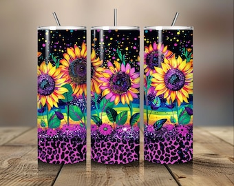 Solrosor Tumbler Designs, Glitter Leopard 20oz Small Tumbler Wrap, Sömlös Glitter Tumbler Mall - PNG Digital Nedladdning