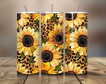 Słonecznik 20 oz Tumbler Sublimacja Projekt Cyfrowy Pobieranie, Kwiatowy Tumbler Grafiki, Owinąć SVG PNG Pliki do Druku, Leopard Tumbler PNG