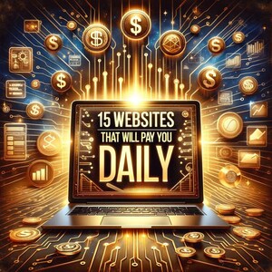 May include: A laptop with the text "15 WEBSITES THAT WILL PAY YOU DAILY" is surrounded by gold dollar coins and digital circuit patterns. The image has a futuristic, financial theme with a bright, golden glow.