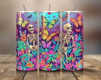 Vibrant Colorful Skeleton Tumbler Designs, Psychedelic Butterfly 20oz Skinny Tumbler Wrap, Seamless Neon Tumbler Template Sublimation Design