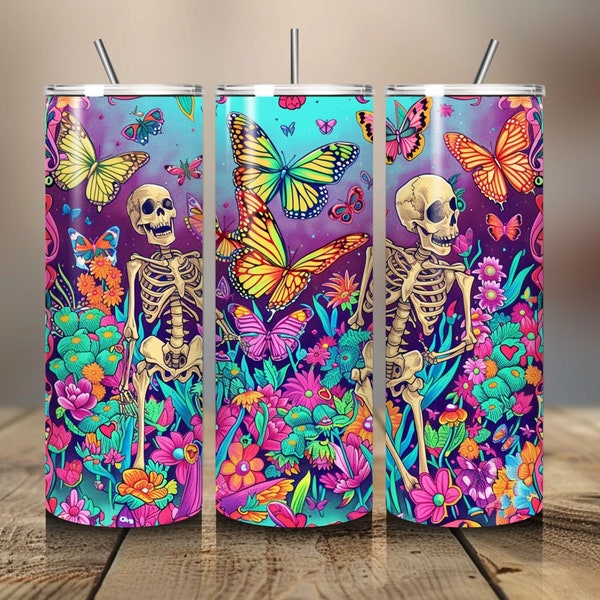 Vibrant Colorful Skeleton Tumbler Designs, Psychedelic Butterfly 20oz Skinny Tumbler Wrap, Seamless Neon Tumbler Template Sublimation Design