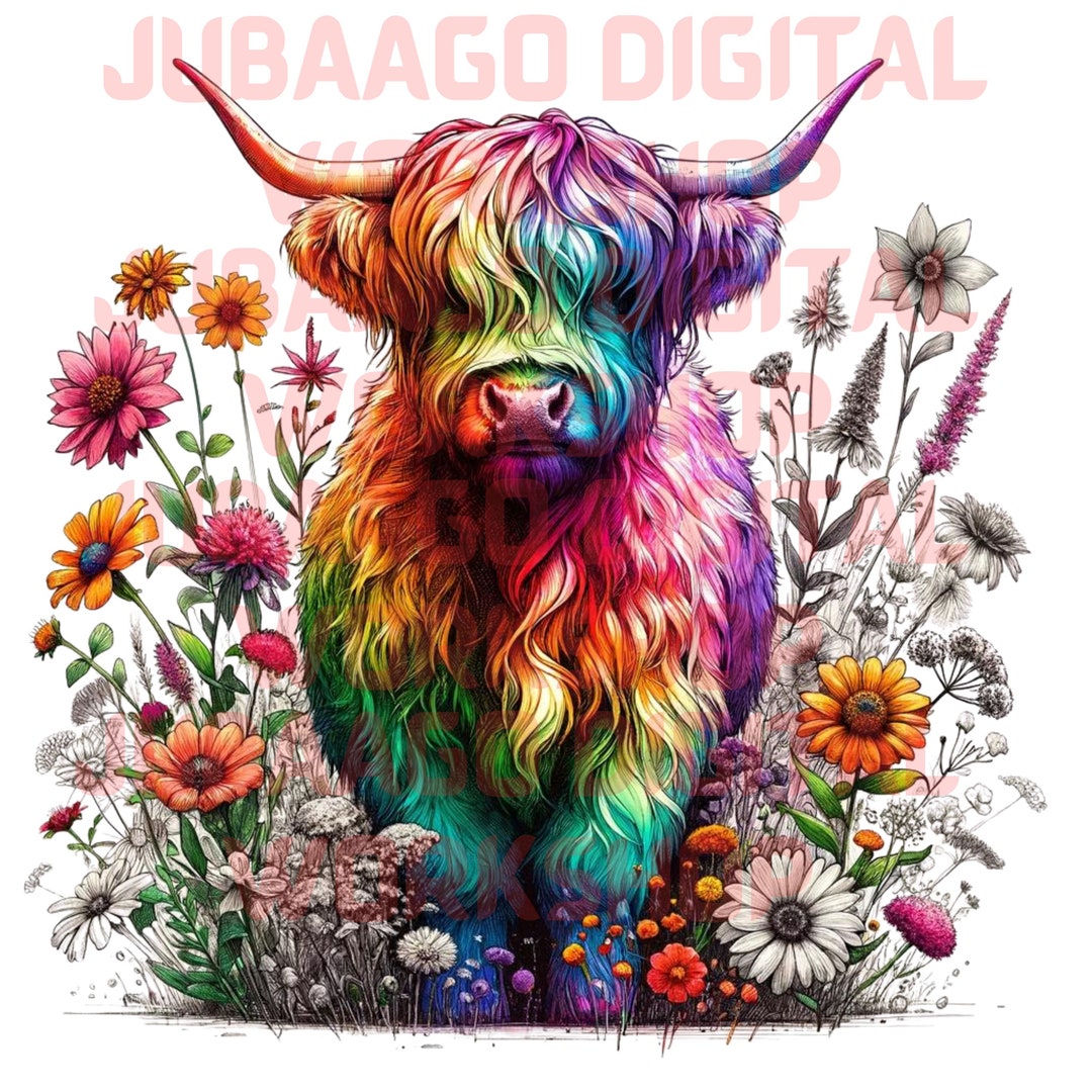 Colorful Rainbow Highland Cow Illustration With Flowers - Hand Drawn ...