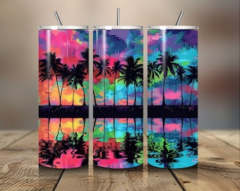Vibrant Colorful Palm Trees Tumbler Designs, Summer Vibes 20oz Skinny Tumbler Wrap, Seamless Neon Tumbler Template - Sublimation Design