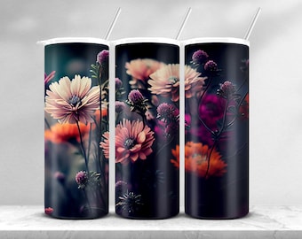 Diseño de vaso de sublimación floral oscuro de 20 oz, flores rosas "9,2 x 8,3" envoltura de vaso flaco recto PNG, descarga digital proyecto de vaso DIY