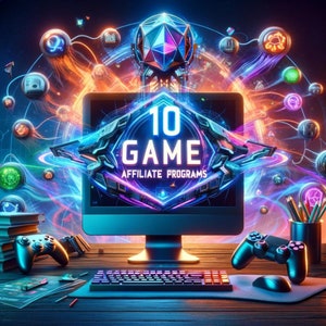 May include: A computer monitor displaying a graphic with the text "10 Game Affiliate Programs". The monitor is on a desk with a keyboard, mouse, and a game controller.