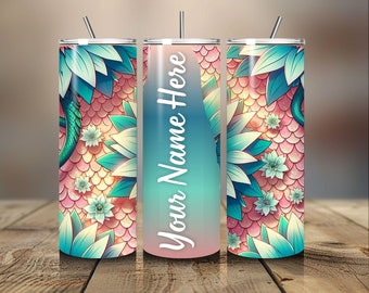 Personalized Lotus Flower Tumbler Designs, Pastel 20oz Skinny Tumbler Wrap, Seamless Glitter Tumbler Template Mermaid PNG Digital Download
