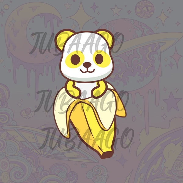 Banane Panda PNG, Chibi Clipart, Kawaii Designs. Images de panda pour autocollants, T-shirts, tasses, sacs, accessoires, décor, sublimation, fruits