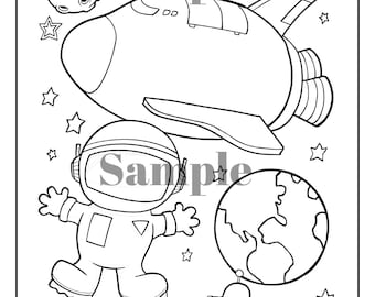 May include: A black and white coloring page featuring an astronaut, a spaceship, a planet, a UFO, and stars.