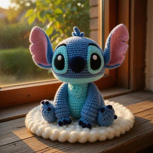 May include: A blue crochet plush toy featuring large ears with pink inner sections, a round head, and a light blue chest. The figure has black eyes with white highlights, a dark blue nose, and sits on a circular white textured crochet base.